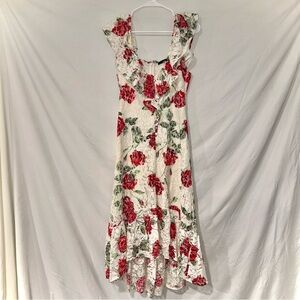 BCBG MaxAzria White Lace w Red Floral Roses Midi High-Low Dress